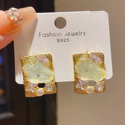 29#Silver Needle Square Zircon Pearl Stud Earrings (Real Gold Plating)