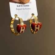 39#14K Real Gold Plated Zircon Heart Letter H Exquisite Earrings