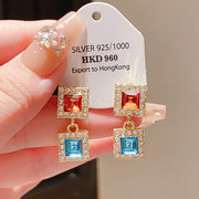 31#Silver Needle Inlaid Diamond Square Pendant Earrings