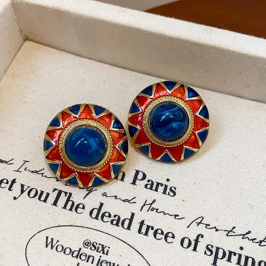 Round Enamel Stud Earrings For Women With Resin And Rhinestone Inlay, Electroplated Gold Plating Process