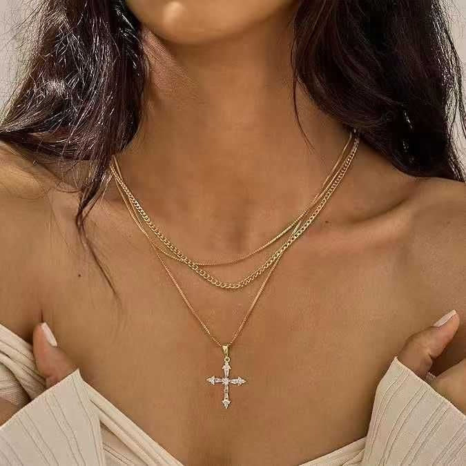 Cross Pendant Necklace For Women Featuring Electroplated Copper Material With Zircon Inlay