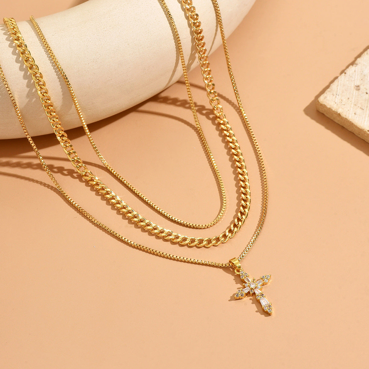 Cross Pendant Necklace For Women Featuring Electroplated Copper Material With Zircon Inlay