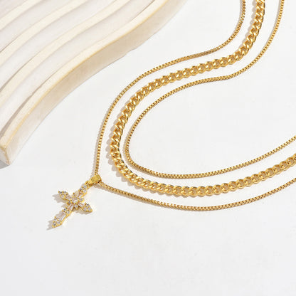 Cross Pendant Necklace For Women Featuring Electroplated Copper Material With Zircon Inlay