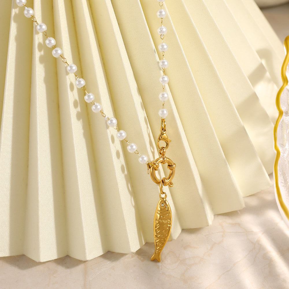 Electroplated Fish Necklace For Women In 304 Stainless Steel With 18K Real Gold Plated Beaded Chain