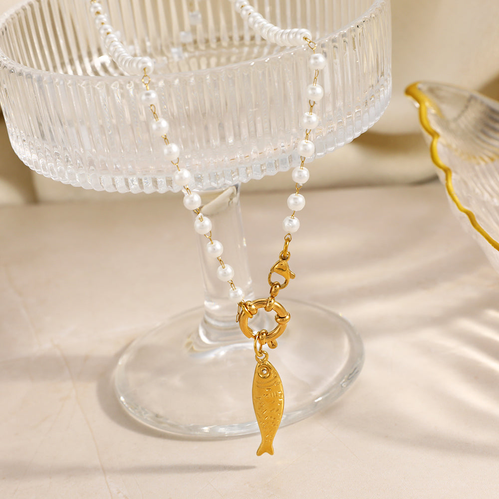 Electroplated Fish Necklace For Women In 304 Stainless Steel With 18K Real Gold Plated Beaded Chain