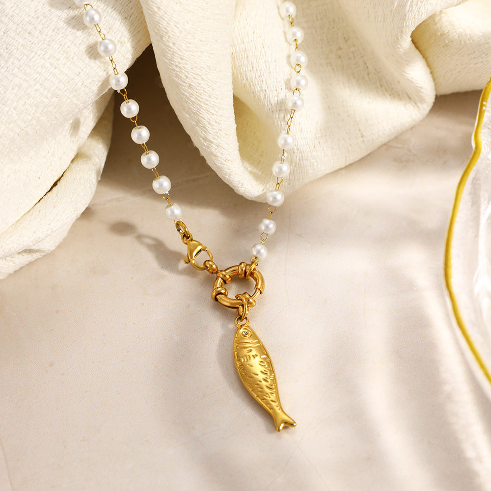 Electroplated Fish Necklace For Women In 304 Stainless Steel With 18K Real Gold Plated Beaded Chain