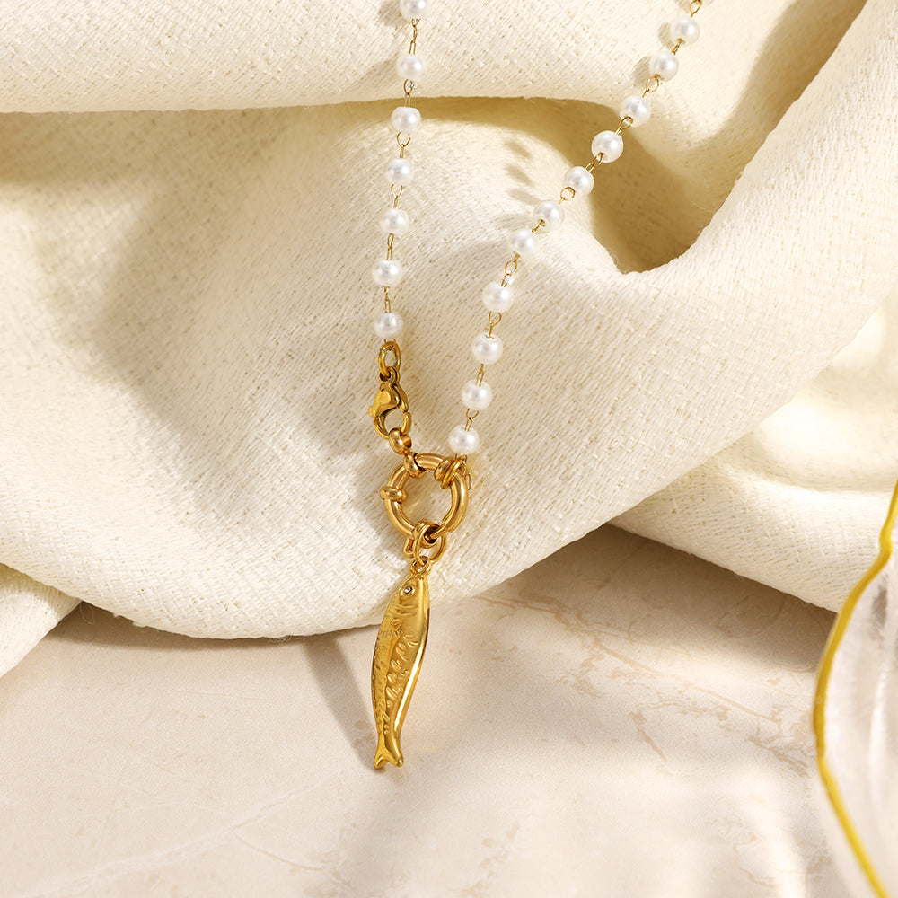 Electroplated Fish Necklace For Women In 304 Stainless Steel With 18K Real Gold Plated Beaded Chain