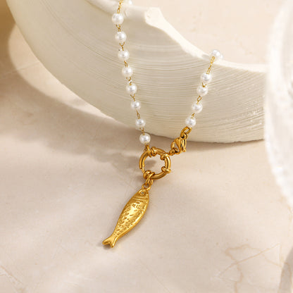 Electroplated Fish Necklace For Women In 304 Stainless Steel With 18K Real Gold Plated Beaded Chain