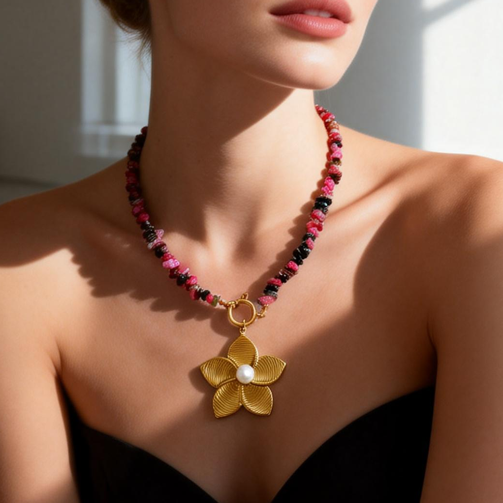 Unisex Flowers Necklace For Everyday Wear Featuring 304 Stainless Steel With 18K Real Gold Plated And Glass Pearl Beads On Beaded Chain