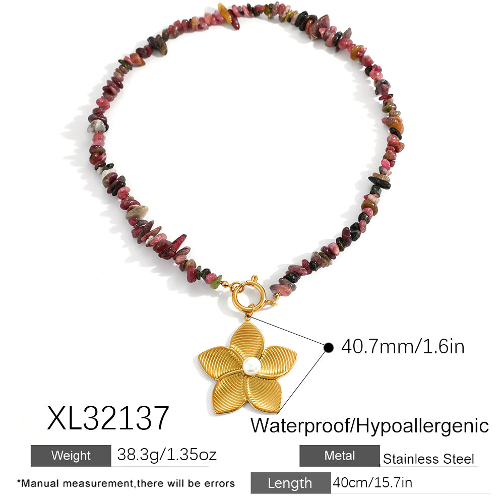 Unisex Flowers Necklace For Everyday Wear Featuring 304 Stainless Steel With 18K Real Gold Plated And Glass Pearl Beads On Beaded Chain