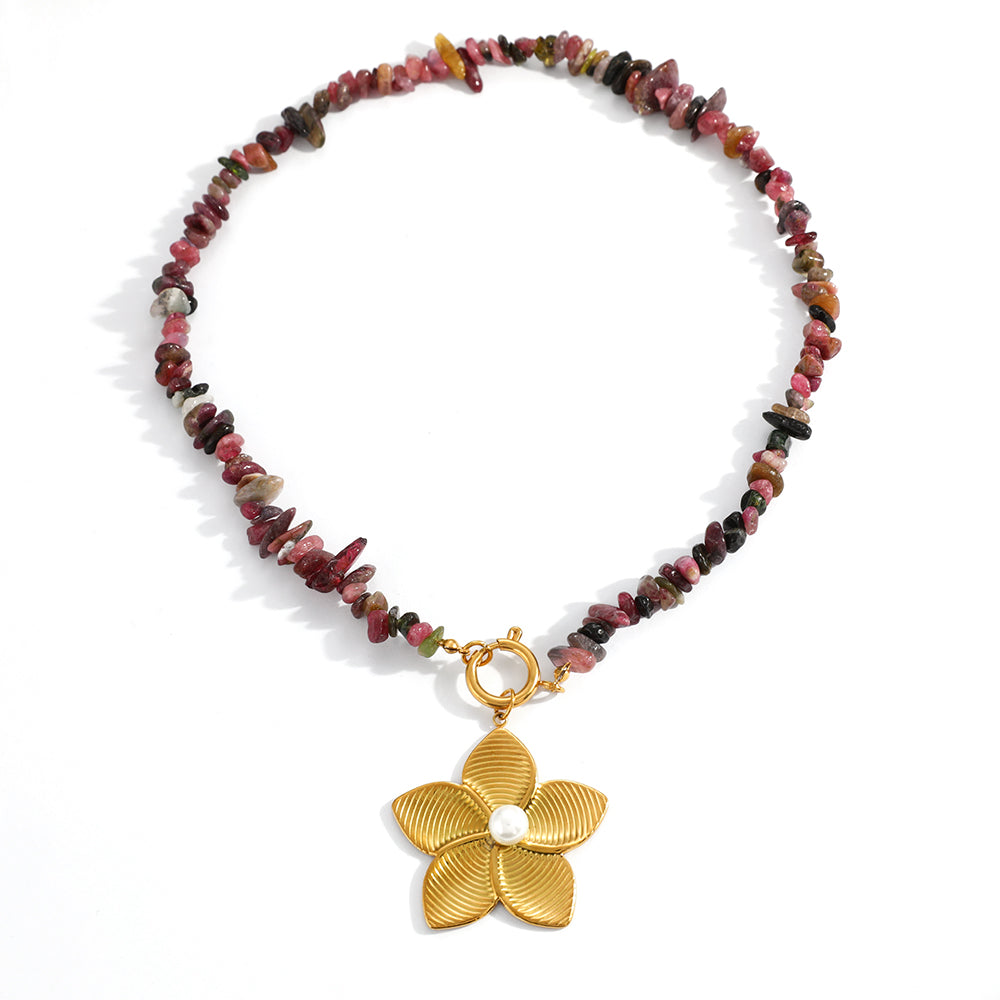 Unisex Flowers Necklace For Everyday Wear Featuring 304 Stainless Steel With 18K Real Gold Plated And Glass Pearl Beads On Beaded Chain
