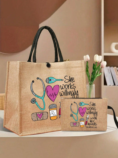 Women’s Square Polyester Cosmetic Bag With Top Handle Featuring Printing Design, Perfect For Nurses Day