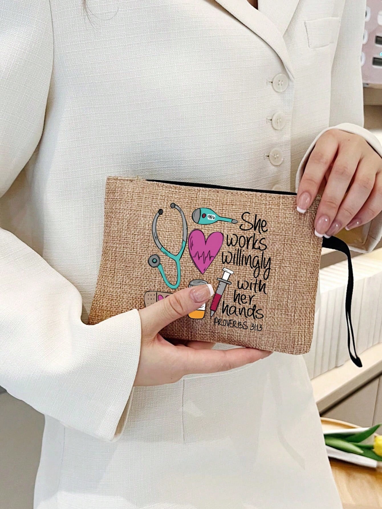 Women’s Square Polyester Cosmetic Bag With Top Handle Featuring Printing Design, Perfect For Nurses Day