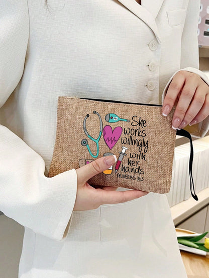 Women’s Square Polyester Cosmetic Bag With Top Handle Featuring Printing Design, Perfect For Nurses Day