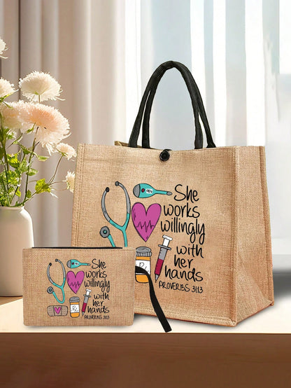 Women’s Square Polyester Cosmetic Bag With Top Handle Featuring Printing Design, Perfect For Nurses Day