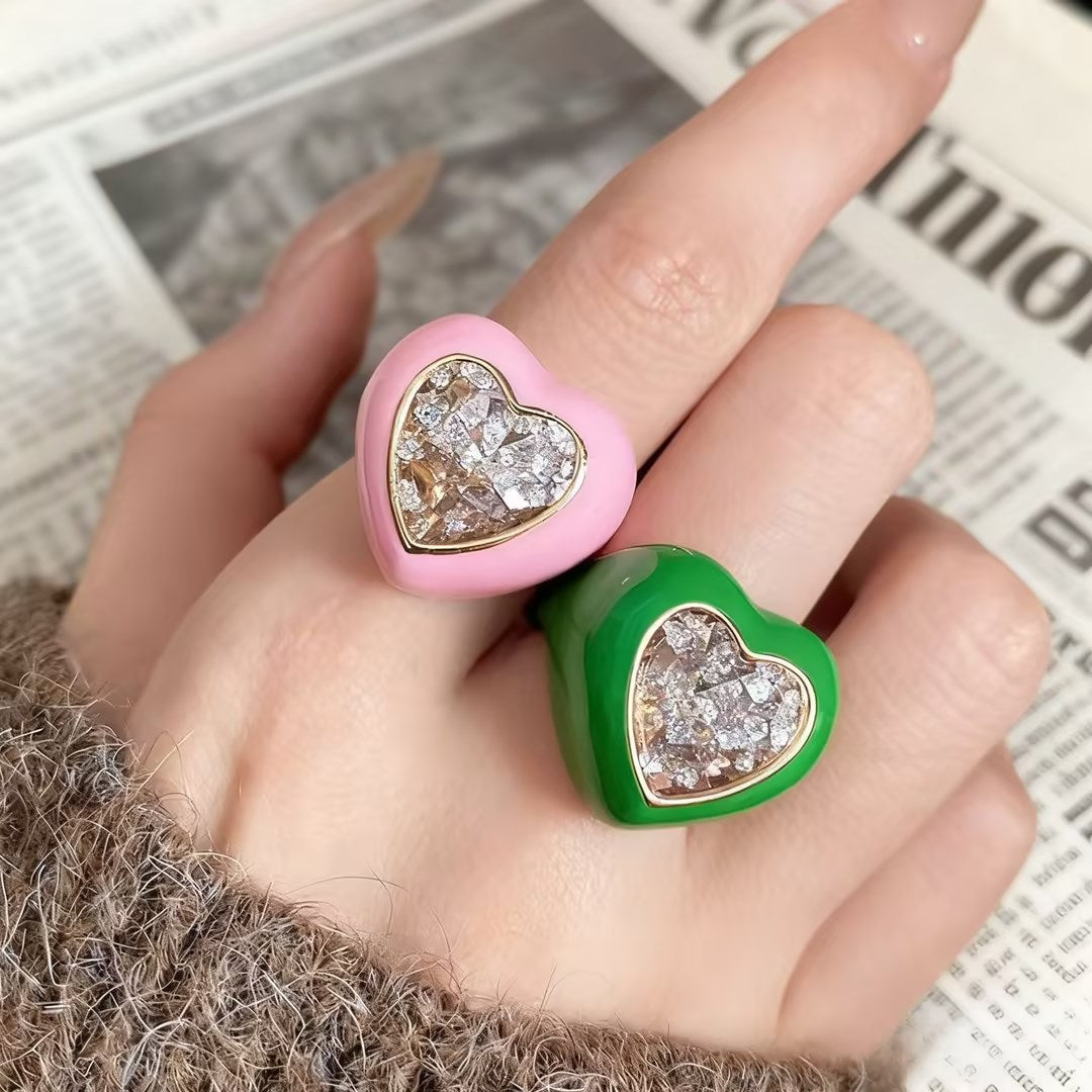 Sweet Heart Shape Open Ring For Women In Pink Alloy Featuring Enamel Craft