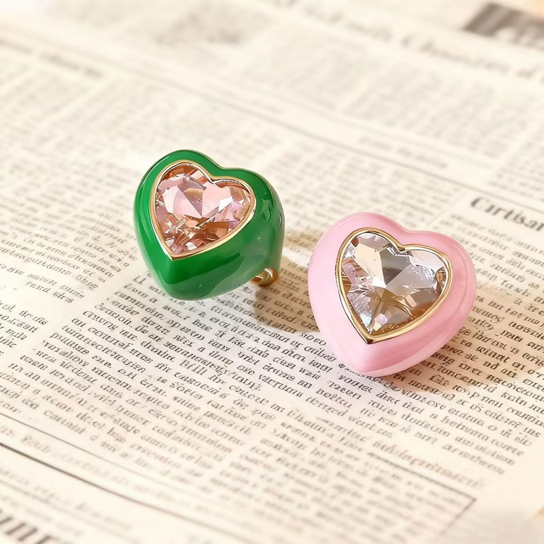 Sweet Heart Shape Open Ring For Women In Pink Alloy Featuring Enamel Craft