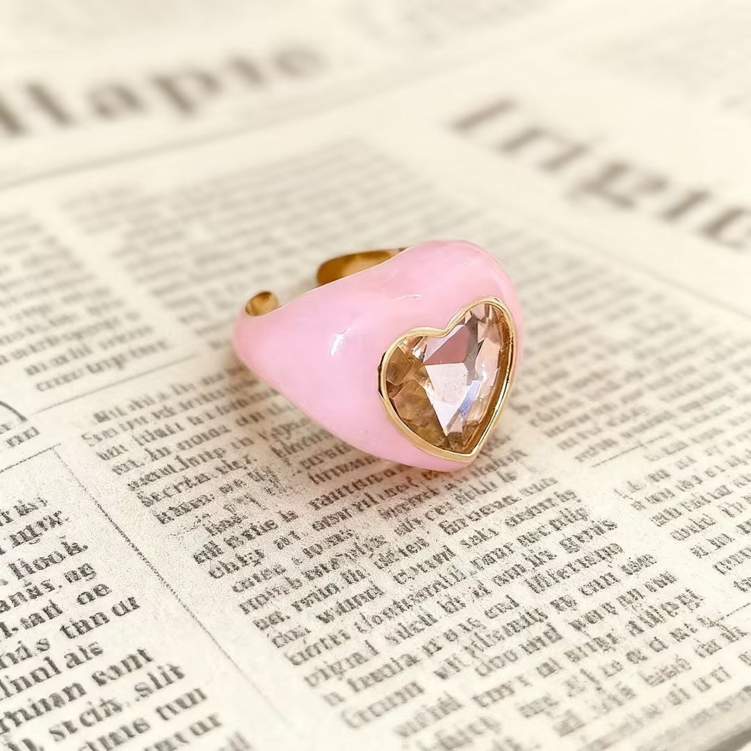 Sweet Heart Shape Open Ring For Women In Pink Alloy Featuring Enamel Craft