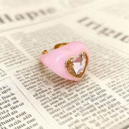 Sweet Heart Shape Open Ring For Women In Pink Alloy Featuring Enamel Craft