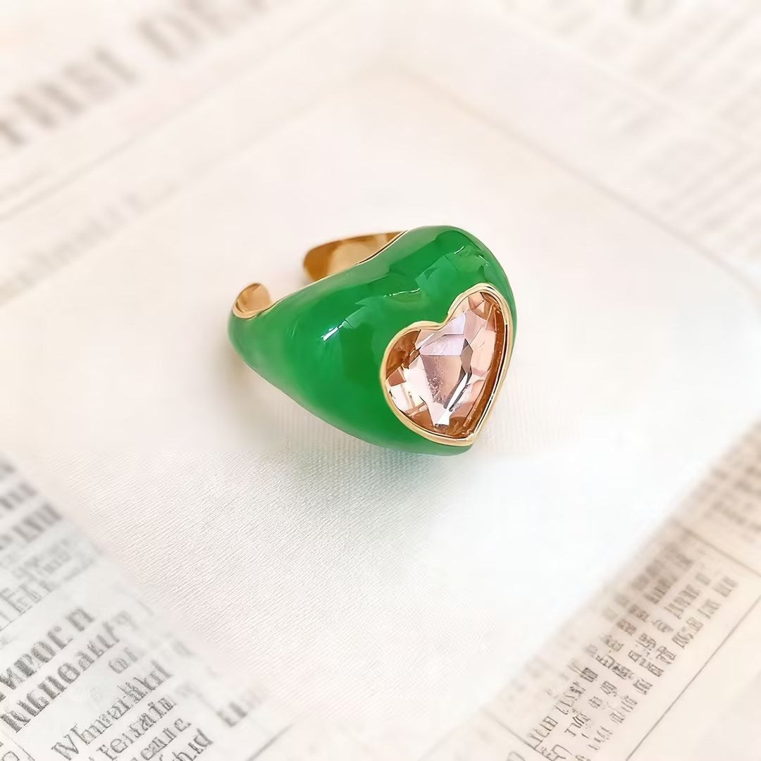 Sweet Heart Shape Open Ring For Women In Pink Alloy Featuring Enamel Craft