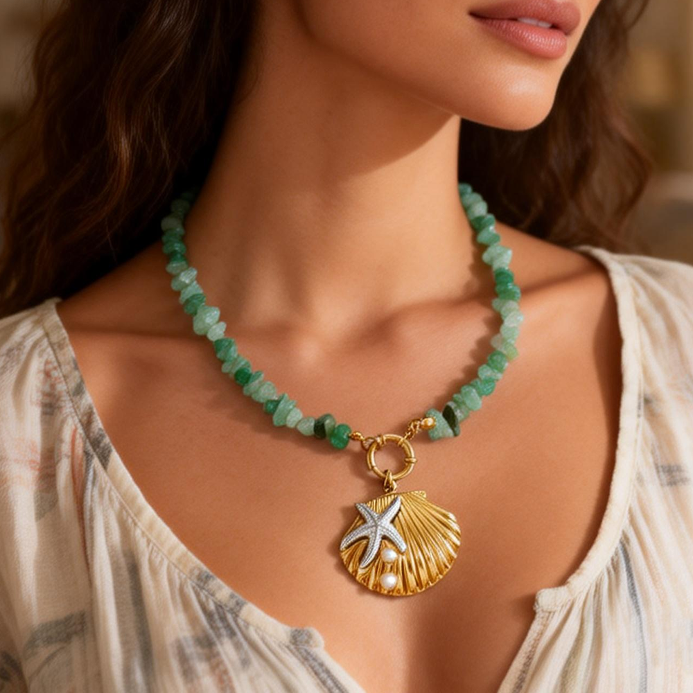 For Shell Beading Necklace In 304 Stainless Steel With 18K Real Gold Plated Beaded Chain For Unisex