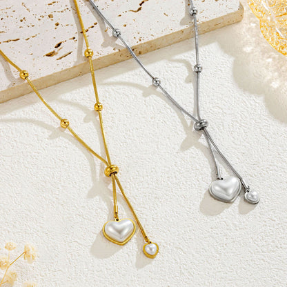Heart Shape Necklace For Women Featuring Waterproof Non Tarnish Craft And Imitation Pearl Inlay With Snake Chain