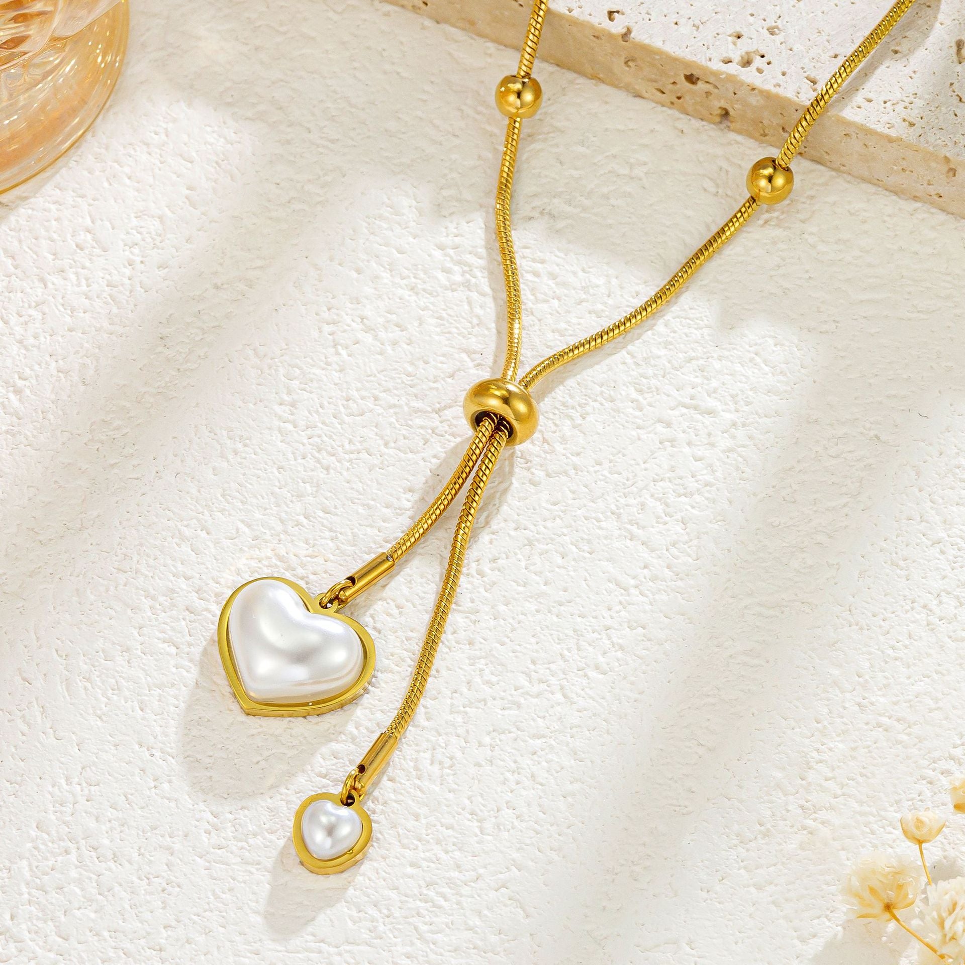 Heart Shape Necklace For Women Featuring Waterproof Non Tarnish Craft And Imitation Pearl Inlay With Snake Chain