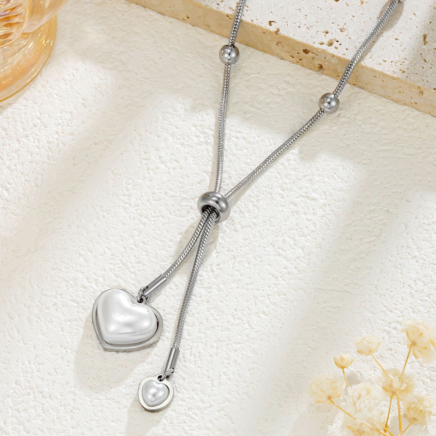 Heart Shape Necklace For Women Featuring Waterproof Non Tarnish Craft And Imitation Pearl Inlay With Snake Chain