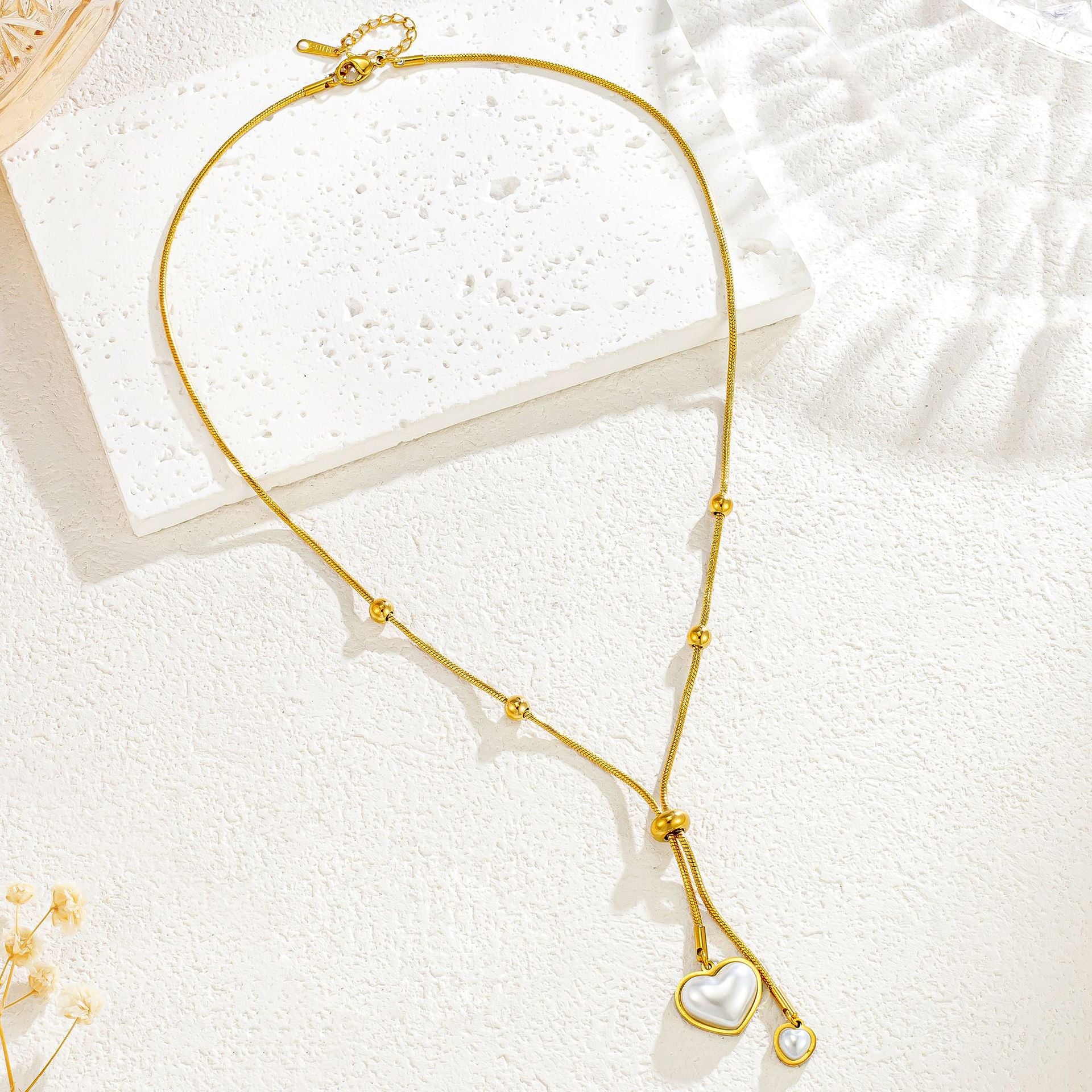 Heart Shape Necklace For Women Featuring Waterproof Non Tarnish Craft And Imitation Pearl Inlay With Snake Chain