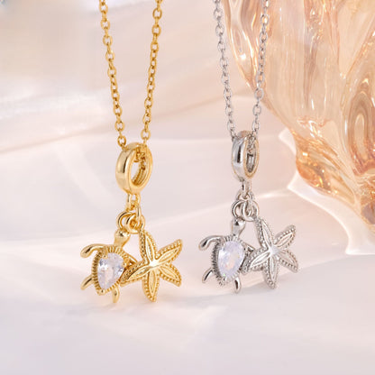 Starfish Necklace For Women With Zircon Inlay, Copper Material, PVD Coated Gold Plating, Featuring A Cable Chain