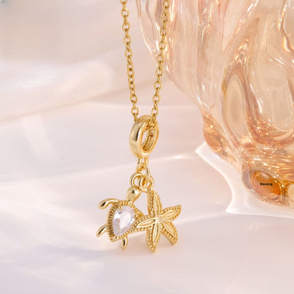 Starfish Necklace For Women With Zircon Inlay, Copper Material, PVD Coated Gold Plating, Featuring A Cable Chain