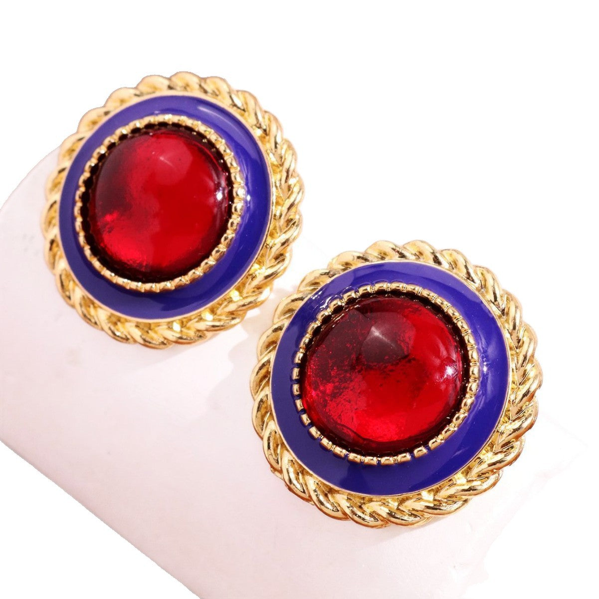 Retro Geometric Stud Earrings For Women Featuring Zinc Alloy Material With Blue Rhinestone Inlay
