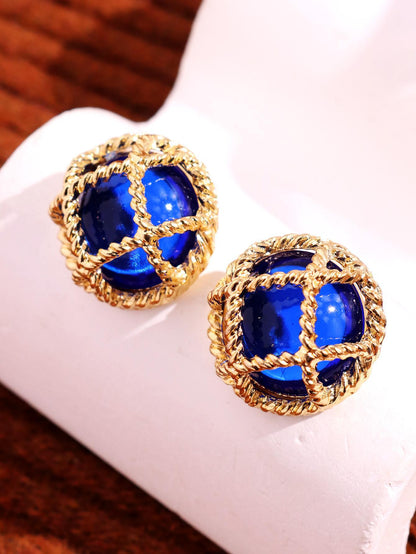 Retro Geometric Stud Earrings For Women Featuring Zinc Alloy Material With Blue Rhinestone Inlay