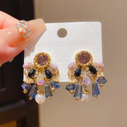 14#Silver Needle Diamond Pearl Crystal Wind Chime Earrings