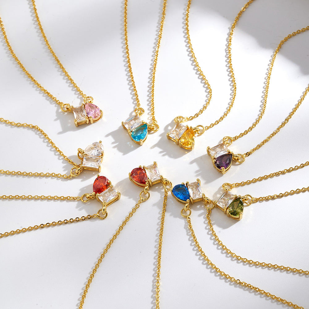 Geometric Birthday Pendant Necklace For Women In Golden Plated Copper With Birthstone Inlay