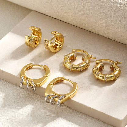 C Shape Earrings For Women, Casual Style Made Of Copper With 18K Gold Plated Finish And Zircon Inlay