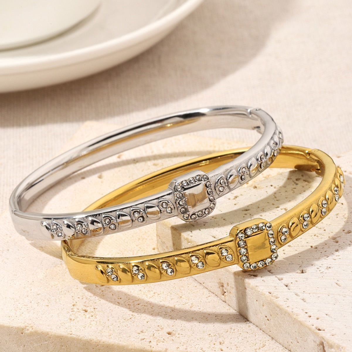 Water Droplets Bangle For Women In Golden Titanium Steel Featuring Rhinestones Inlay