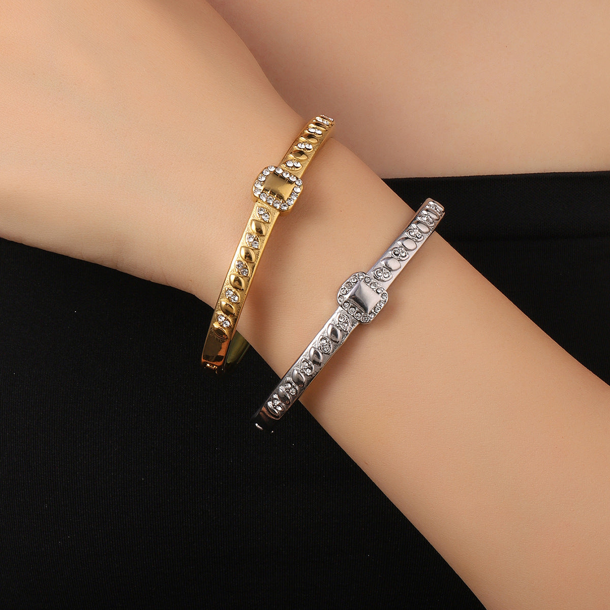Water Droplets Bangle For Women In Golden Titanium Steel Featuring Rhinestones Inlay