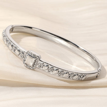 Water Droplets Bangle For Women In Golden Titanium Steel Featuring Rhinestones Inlay