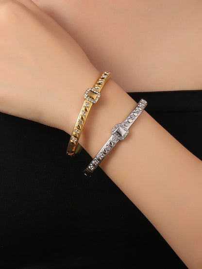 Water Droplets Bangle For Women In Golden Titanium Steel Featuring Rhinestones Inlay