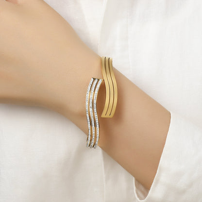 Exaggerated Lines Bangle For Women In Titanium Steel With Golden Electroplated Finish