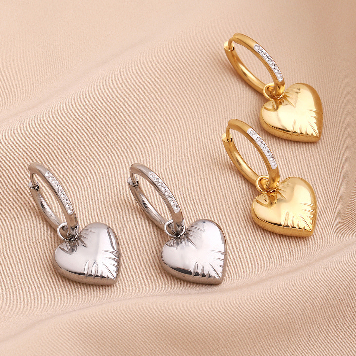 Sweet Heart Shape Drop Earrings For Women, Three-dimensional Design In Titanium Steel With Rhinestone Inlay