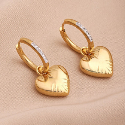 Sweet Heart Shape Drop Earrings For Women, Three-dimensional Design In Titanium Steel With Rhinestone Inlay