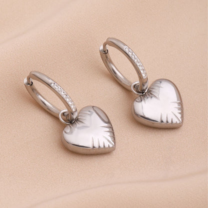 Sweet Heart Shape Drop Earrings For Women, Three-dimensional Design In Titanium Steel With Rhinestone Inlay
