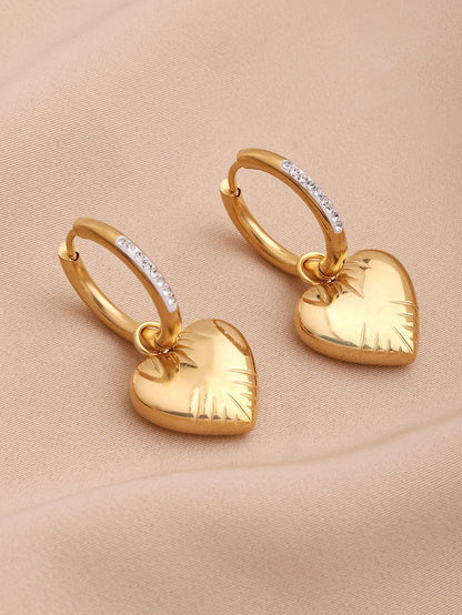 Sweet Heart Shape Drop Earrings For Women, Three-dimensional Design In Titanium Steel With Rhinestone Inlay