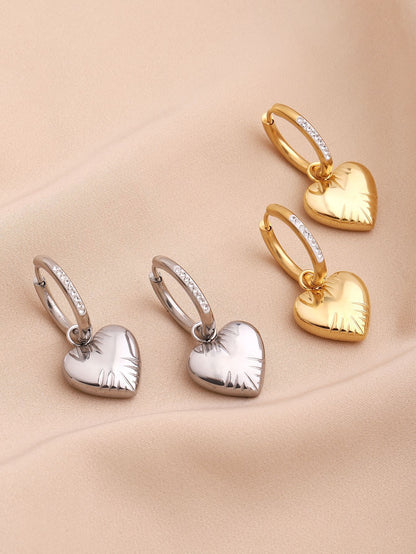Sweet Heart Shape Drop Earrings For Women, Three-dimensional Design In Titanium Steel With Rhinestone Inlay