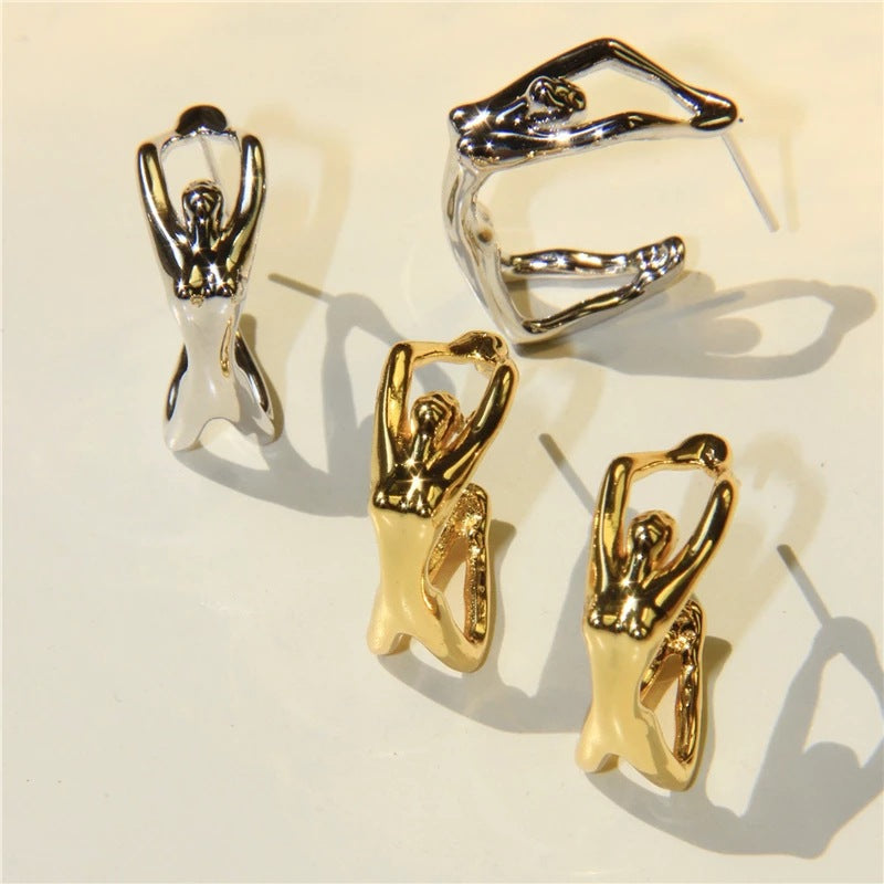 Punk Three-dimensional Portrait Stud Earrings For Women In Golden Alloy
