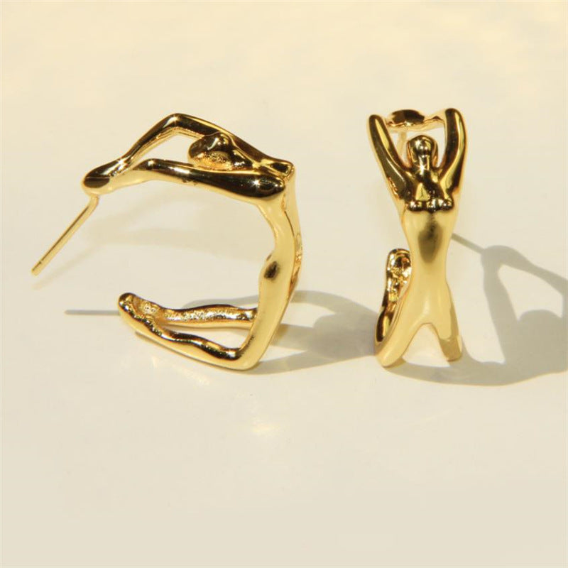 Punk Three-dimensional Portrait Stud Earrings For Women In Golden Alloy