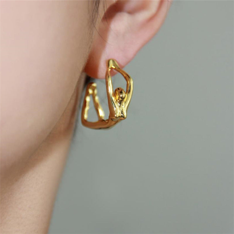 Punk Three-dimensional Portrait Stud Earrings For Women In Golden Alloy