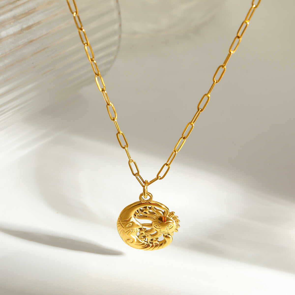 18K Real Gold Plated 304 Stainless Steel PVD Coated Geometric Sun Moon Enamel Cable Chain Necklace